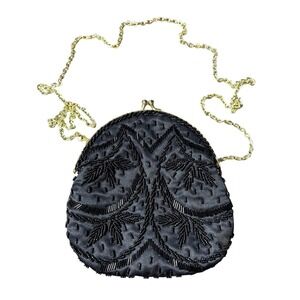 Beaded Evening Bag Clutch Purse Black Formal Party Gold Chain‎ Vintage